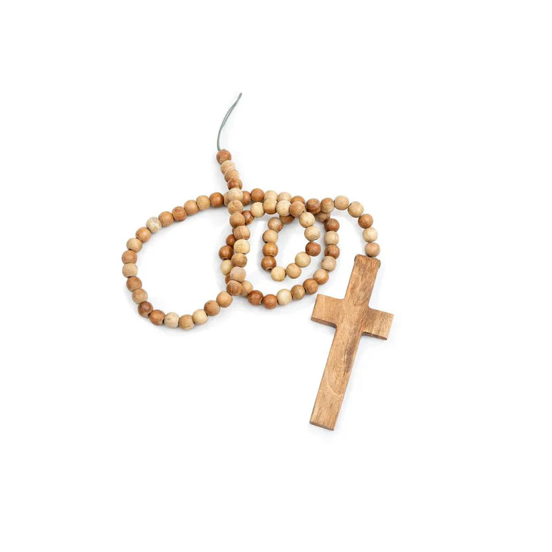 Cross on Natural Wood Bead Strand