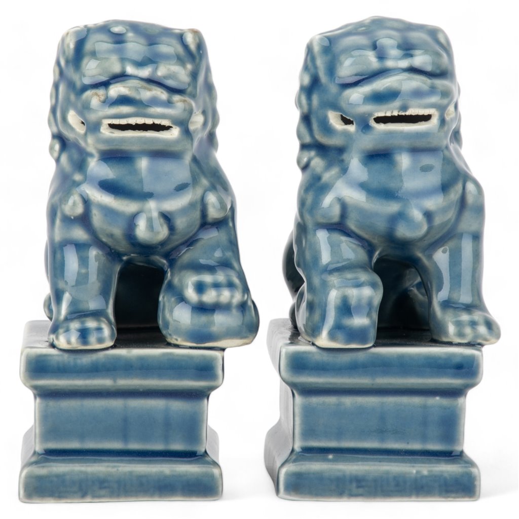 Pair Of Petite Foo Dogs Dusty Blue Glaze