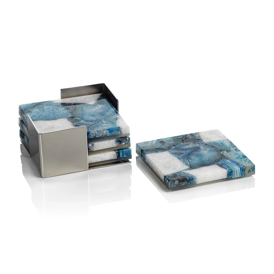 Set of 4 - Blue/ White Crete Agate Coasters on Metal Tray