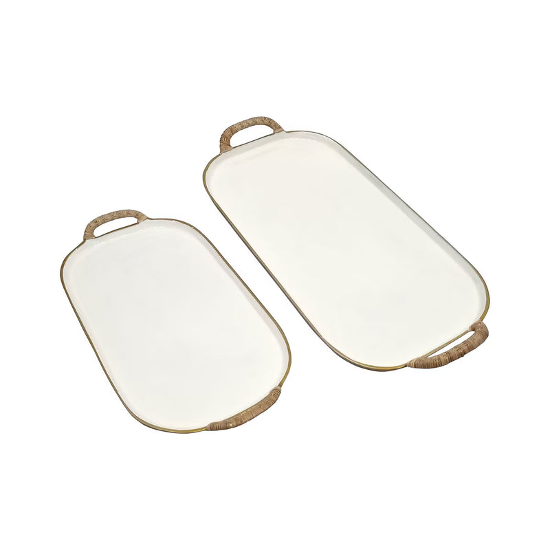 Enamel Metal Tray With Rattan Wrapped Handles