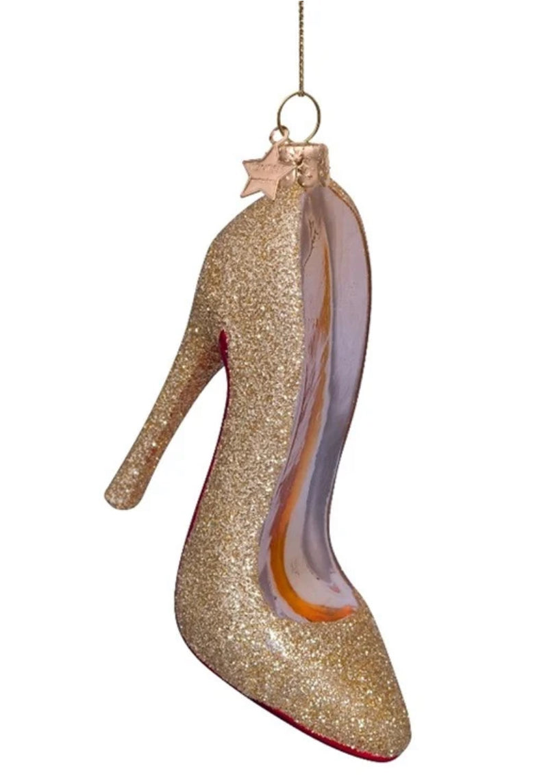 Ornament glass gold glitter high heel ￼