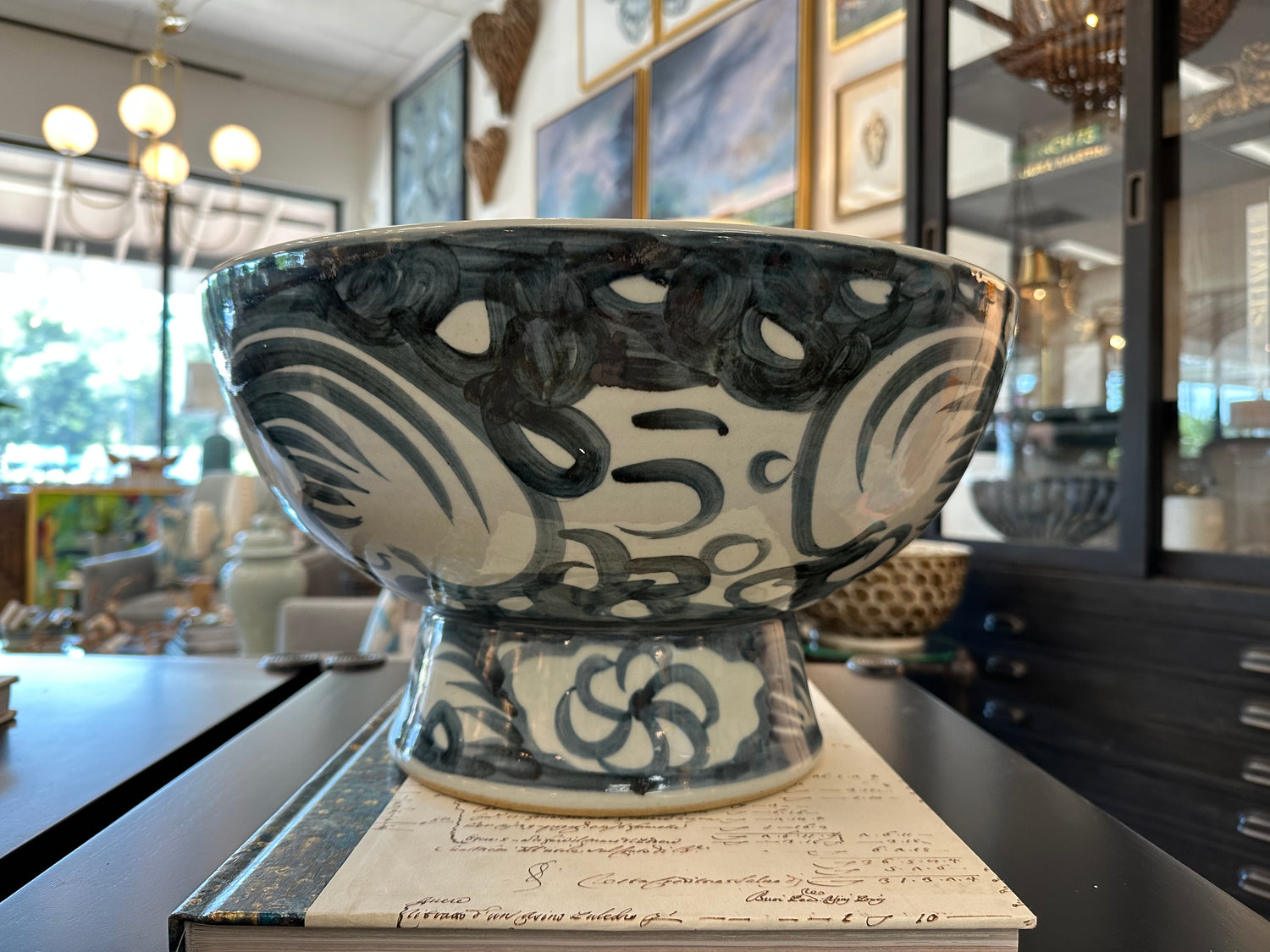 Indigo Blue Sea Flower Serving Bowl Tall Base