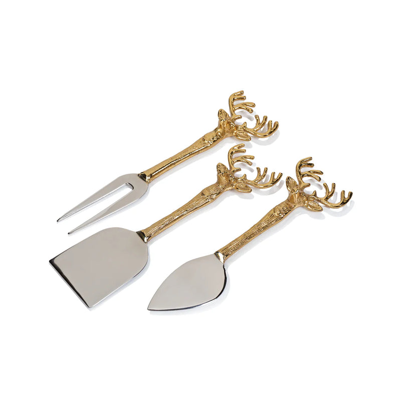 Stag Head Fromage Serving Set - Set of 3 - Brass and Alloy
