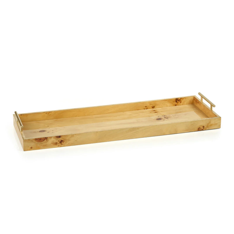 Leiden Burl Wood Narrow Rectangular Tray with Gold Handles