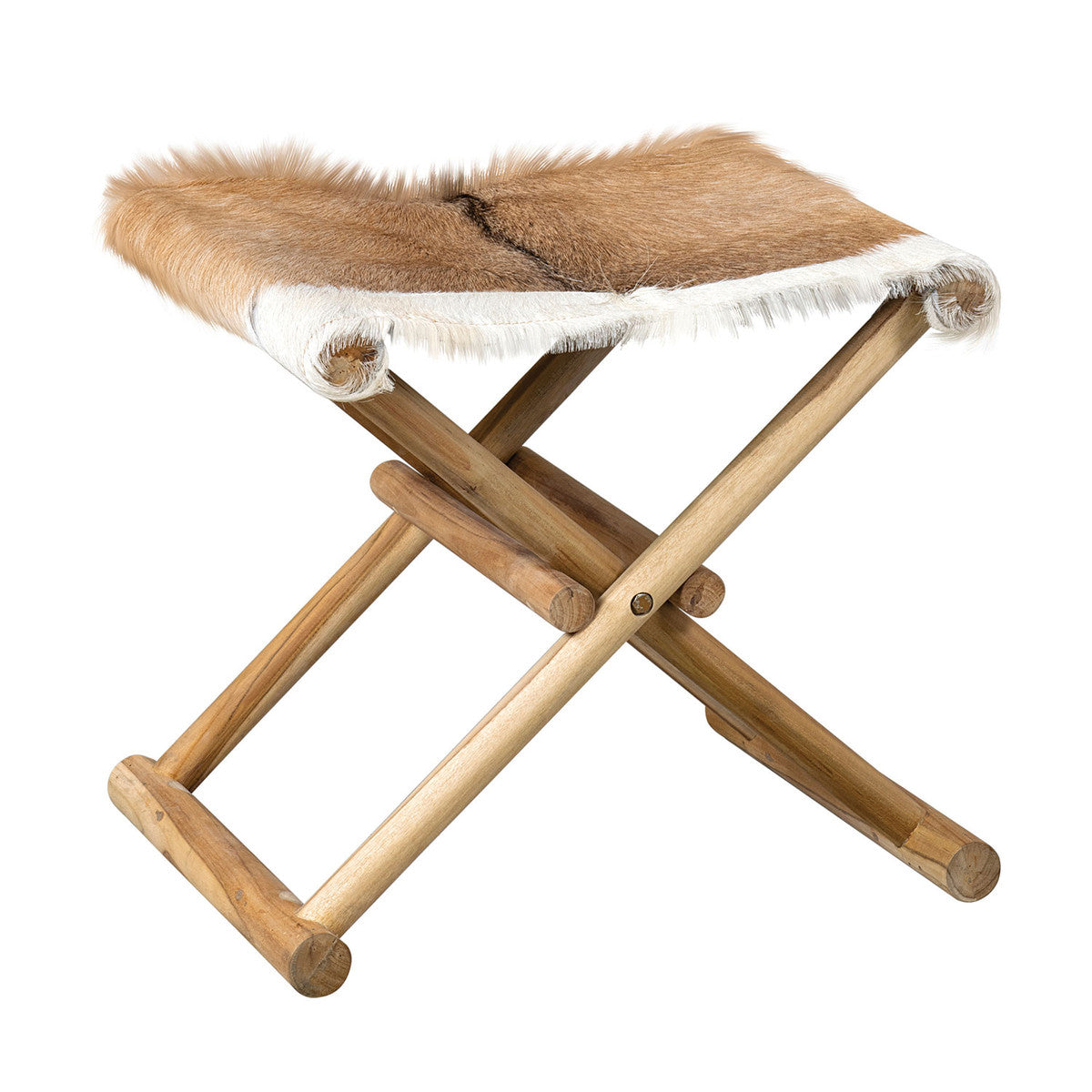 Campaign Folding Stool, Brown & White Leather/Teak